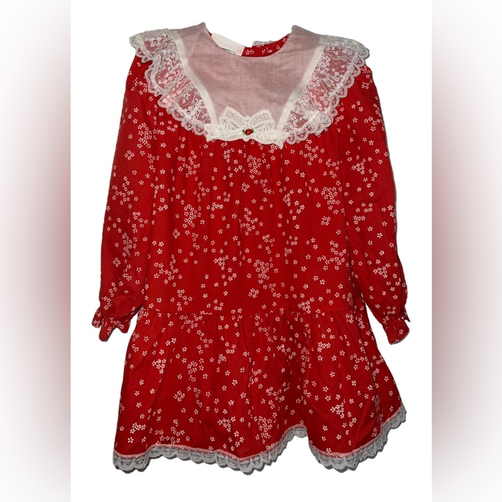 Vintage 70s Traci Lynn California Floral Red Girls LS Dress with Lace Collar 6